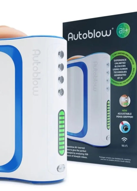 Weiß-blaues autoblow ai+ maschine mit beigem silikonkopf für realistische automatische stimulation