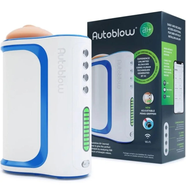 Weiß-blaues autoblow ai+ maschine mit beigem silikonkopf für realistische automatische stimulation