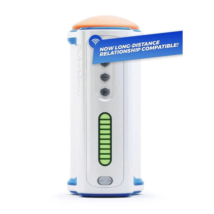 Weiß-blaues qubo glow gerät mit orangefarbenem oberen teil und vertikaler grüner led-anzeige für autoblow ai maschine
