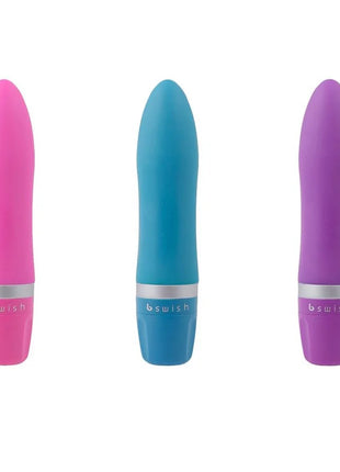 Drei bswish bcute classic flieder vibrator in rosa, türkis und lila mit glatten silikonkörpern und silbernen metallbändern