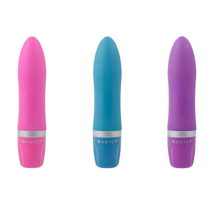 Drei bswish bcute classic flieder vibrator in rosa, türkis und lila mit glatten silikonkörpern und silbernen metallbändern