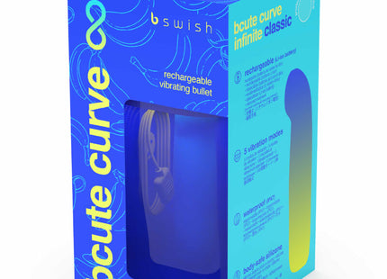 Blauer und gelber silikon-vibrator b swish bcute curve infinite classic limited edition in seiner markenverpackung