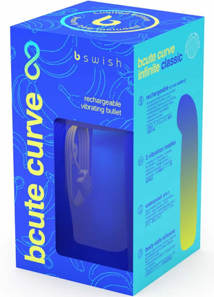 Blauer und gelber silikon-vibrator b swish bcute curve infinite classic limited edition in seiner markenverpackung