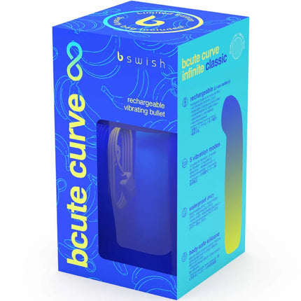 Blauer und gelber silikon-vibrator b swish bcute curve infinite classic limited edition in seiner markenverpackung
