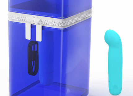 Blauer silikon-vibrator bcute curve infinite mit weißem reißverschluss in blauem durchscheinendem plastikbox und teal spielzeug