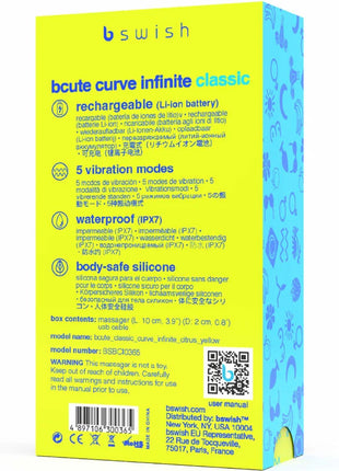 Gelbe und blaue verpackung des bswish bcute curve infinite klassischer wiederaufladbarer silikonvibrators
