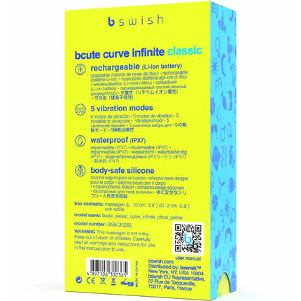 Gelbe und blaue verpackung des bswish bcute curve infinite klassischer wiederaufladbarer silikonvibrators