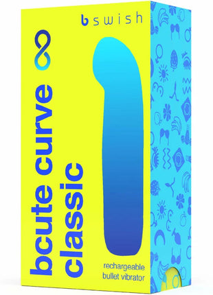 B swish bcute curve infinito klassischer wiederaufladbarer silikonvibrator blau mit orangegelber verpackung
