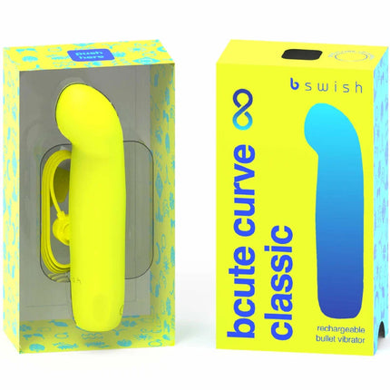B swish bcute curve gelber wiederaufladbarer silikonvibrator in klassischer form in gebrandeter verpackung