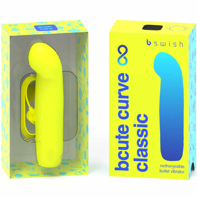 B swish bcute curve gelber wiederaufladbarer silikonvibrator in klassischer form in gebrandeter verpackung