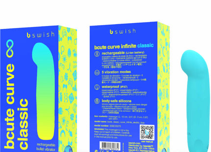 B swish bcute curve infinite klassischer wiederaufladbarer vibrator aus blauem silikon mit gradienten türkis-gelben kurven aus körperfreundlichem silikon