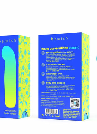 B swish bcute curve infinite klassischer wiederaufladbarer vibrator aus blauem silikon mit gradienten türkis-gelben kurven aus körperfreundlichem silikon