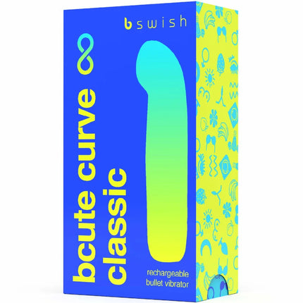 B swish bcute curve klassischer wiederaufladbarer bullet vibrator aus blauem silikon in blau-gelber verlaufverpackung