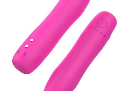 Vibrant pink silicone vibrator with silver buttons and engraved branding by B Swish bcute infinite heat classic