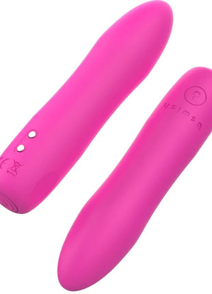Vibrant pink silicone vibrator with silver buttons and engraved branding by B Swish bcute infinite heat classic