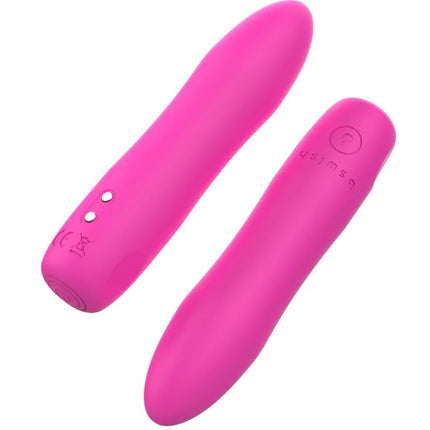 Vibrant pink silicone vibrator with silver buttons and engraved branding by B Swish bcute infinite heat classic