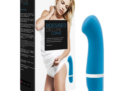 Blauer silikon bdesired deluxe curve vibrator mit weißem band nahe der basis von b swish