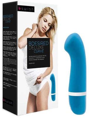Blauer silikon bdesired deluxe curve vibrator mit weißem band nahe der basis von b swish