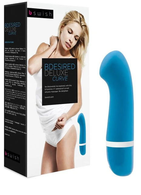 Blauer silikon bdesired deluxe curve vibrator mit weißem band nahe der basis von b swish