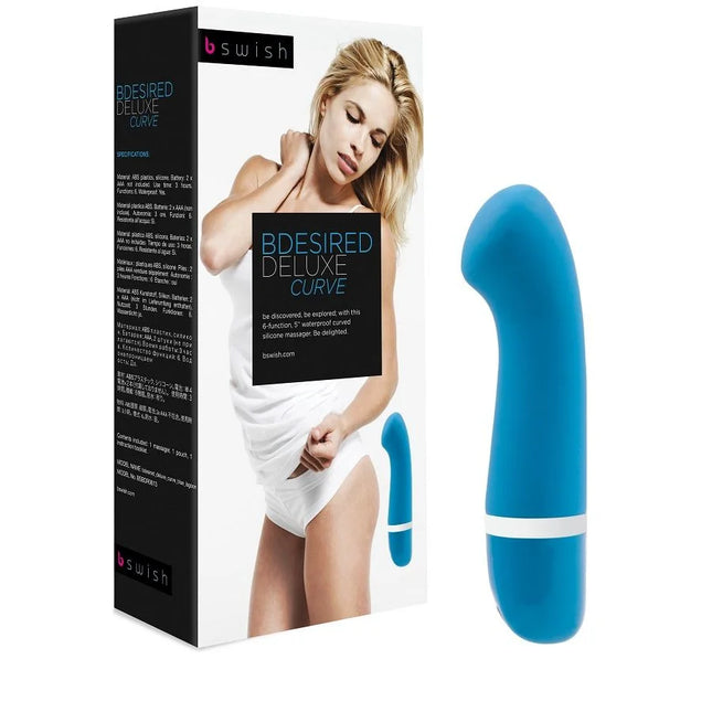 Blauer silikon bdesired deluxe curve vibrator mit weißem band nahe der basis von b swish