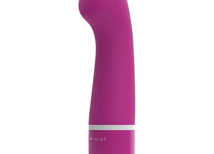 Ein elegantes magentafarbenes Erwachsenen-Spielzeug b swish bdesired deluxe curve rosa mit glatter gebogener form und weißem band nahe der basis