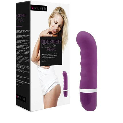 Lila silikonvibrator mit weißem ring am fuß, marke b swish, modell bdesired deluxe pearl royal flieder