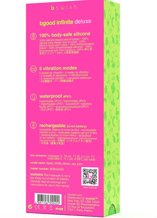 Pink und limettengrünes packaging für den bswish bgood infinite deluxe wiederaufladbaren vibrator aus blauem silikon