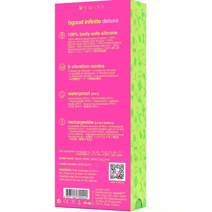 Pink und limettengrünes packaging für den bswish bgood infinite deluxe wiederaufladbaren vibrator aus blauem silikon