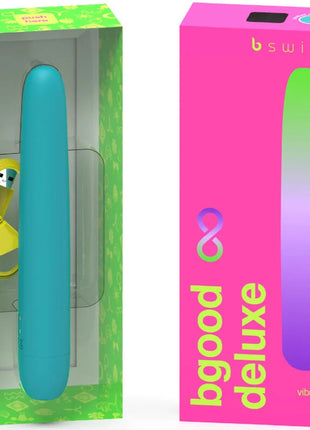 Tealfarbener bswish bgood infinite deluxe vibrierender silikonvibrator mit gelbem usb-ladekabel in verpackung