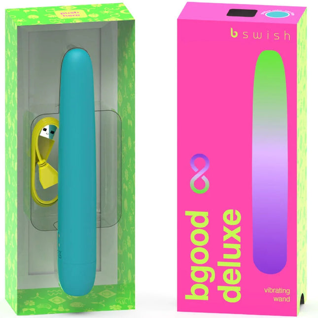 Tealfarbener bswish bgood infinite deluxe vibrierender silikonvibrator mit gelbem usb-ladekabel in verpackung