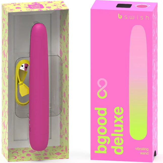 B swish bgood infinite deluxe wiederaufladbarer vibrator rosa silikon mit pink-limettengrün verlauf im packaging