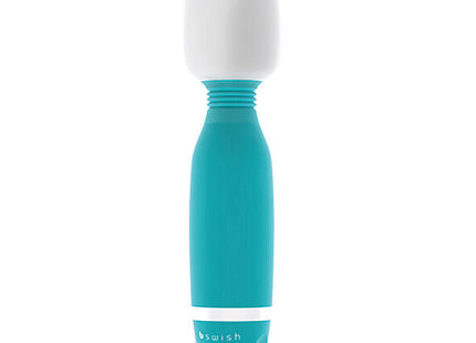 Teal und weiße silikonummantelte stabvibrator mit gerundetem kopf und bswwish marke am griff jade modell