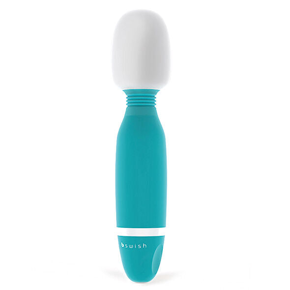 Teal und weiße silikonummantelte stabvibrator mit gerundetem kopf und bswwish marke am griff jade modell