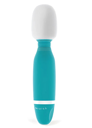 Teal und weiße silikonummantelte stabvibrator mit gerundetem kopf und bswwish marke am griff jade modell