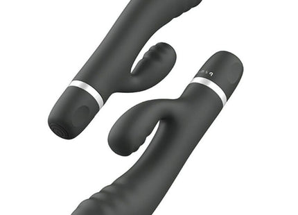 Schwarze silikon rabbit-vibrator von b swish mit silbernem metallband am griff im b wild classic schwarz modell