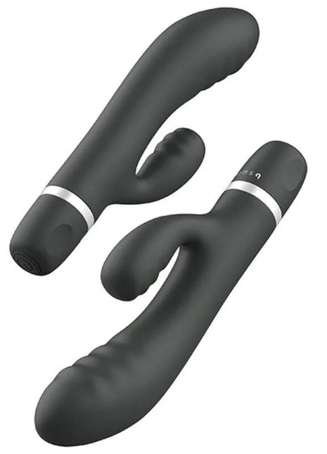 Schwarze silikon rabbit-vibrator von b swish mit silbernem metallband am griff im b wild classic schwarz modell