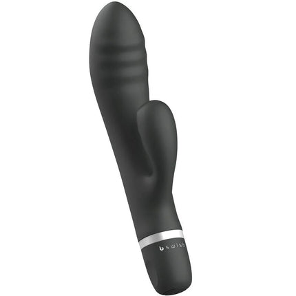 Schwarzer b swish bwild classic rabbit-vibrator mit glatter oberfläche und silbernem akzentband am fußende