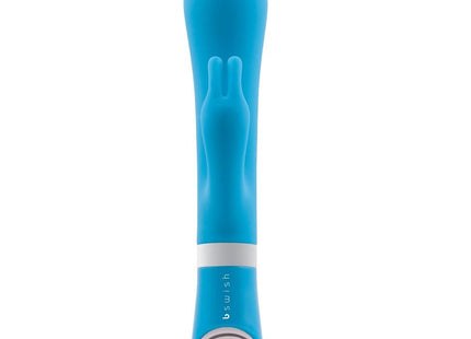 Blauer silikon vibrator in hasenform mit weißem bedienknopf und b swish branding b swish bwild deluxe bunny rabbit vibrator jade