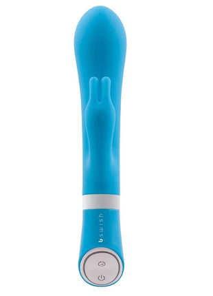 Blauer silikon vibrator in hasenform mit weißem bedienknopf und b swish branding b swish bwild deluxe bunny rabbit vibrator jade