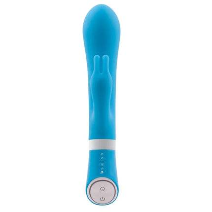 Blauer silikon vibrator in hasenform mit weißem bedienknopf und b swish branding b swish bwild deluxe bunny rabbit vibrator jade