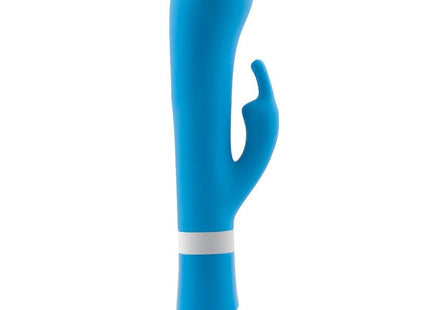 Blauer silikon rabbit-vibrator mit weißem band am fuß b swish bwild deluxe bunny rabbit vibrator jade