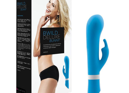 Blauer silikon bunny vibrator mit weißem ring am fuß b swish bwild deluxe jade edition