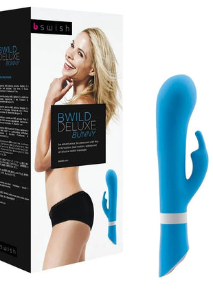 Blauer silikon bunny vibrator mit weißem ring am fuß b swish bwild deluxe jade edition