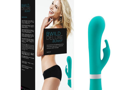 Teal silikon b wild deluxe bunny rabbit vibrator mit weißem band near dem sockel von b swish jade