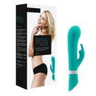 Teal silikon b wild deluxe bunny rabbit vibrator mit weißem band near dem sockel von b swish jade