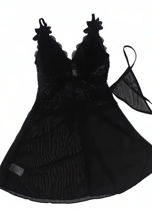 Babydoll aus Spitze & Tüll mit Blumendetails in Schwarz - Babydoll