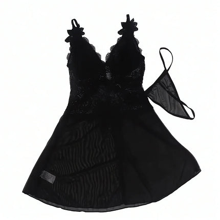 Babydoll aus Spitze & Tüll mit Blumendetails in Schwarz - Babydoll