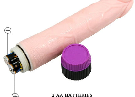 Rosefarbener silikon realistischer vibrator 21,5 cm mit lila schwarzem deckel, betrieben von zwei aa-batterien