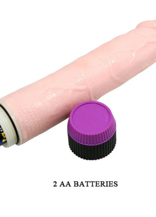 Rosefarbener silikon realistischer vibrator 21,5 cm mit lila schwarzem deckel, betrieben von zwei aa-batterien