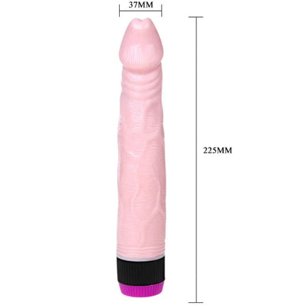 Pinkfarbener silikon vibrierender realistischer vibrator mit schwarzer und lila basis 22,5 cm lang von BAILE